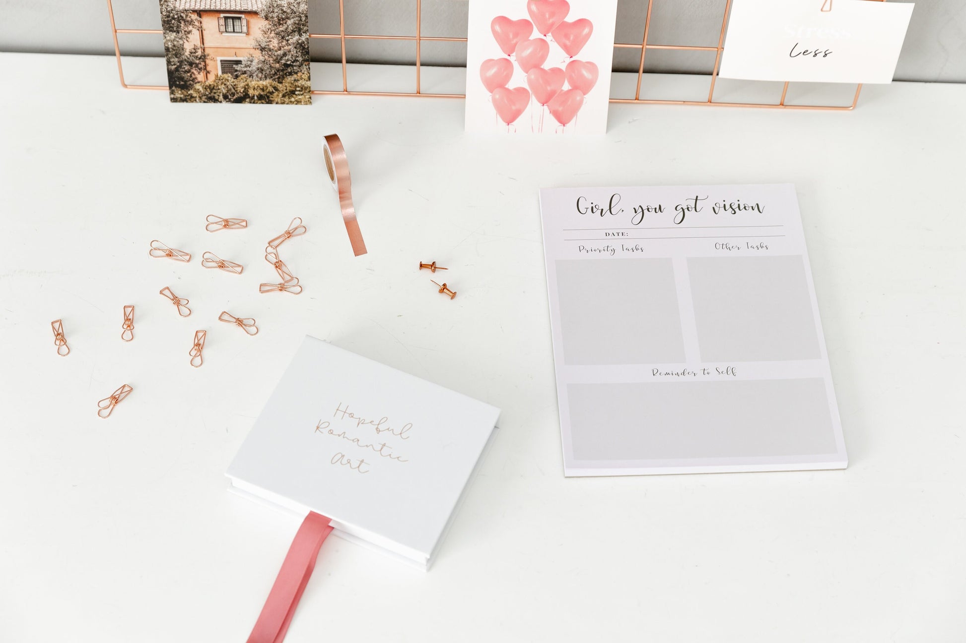 Rose gold wire clips for displaying notes, photos, and affirmation cards