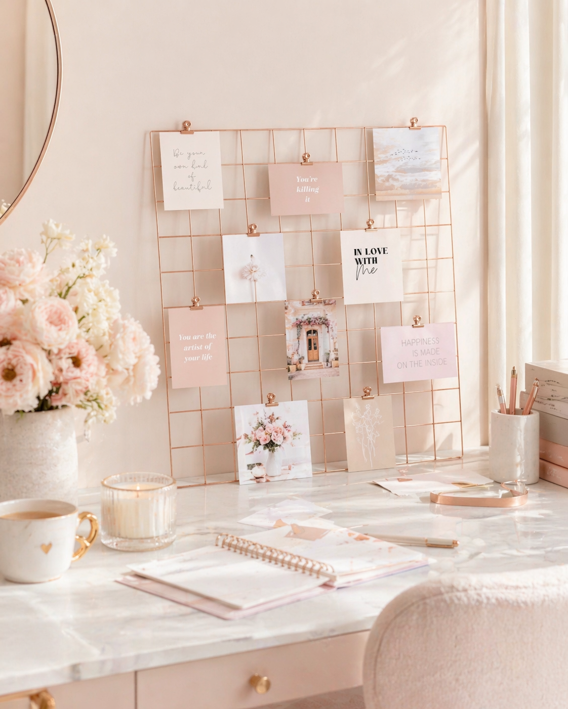 Self-love card set displayed on a rose gold grid above a soft pastel desk with flowers, a candle, notebook and pen.