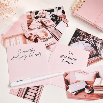 Study vision board cards reading "Currently studying towards" and "To graduate I must" with books and laptop