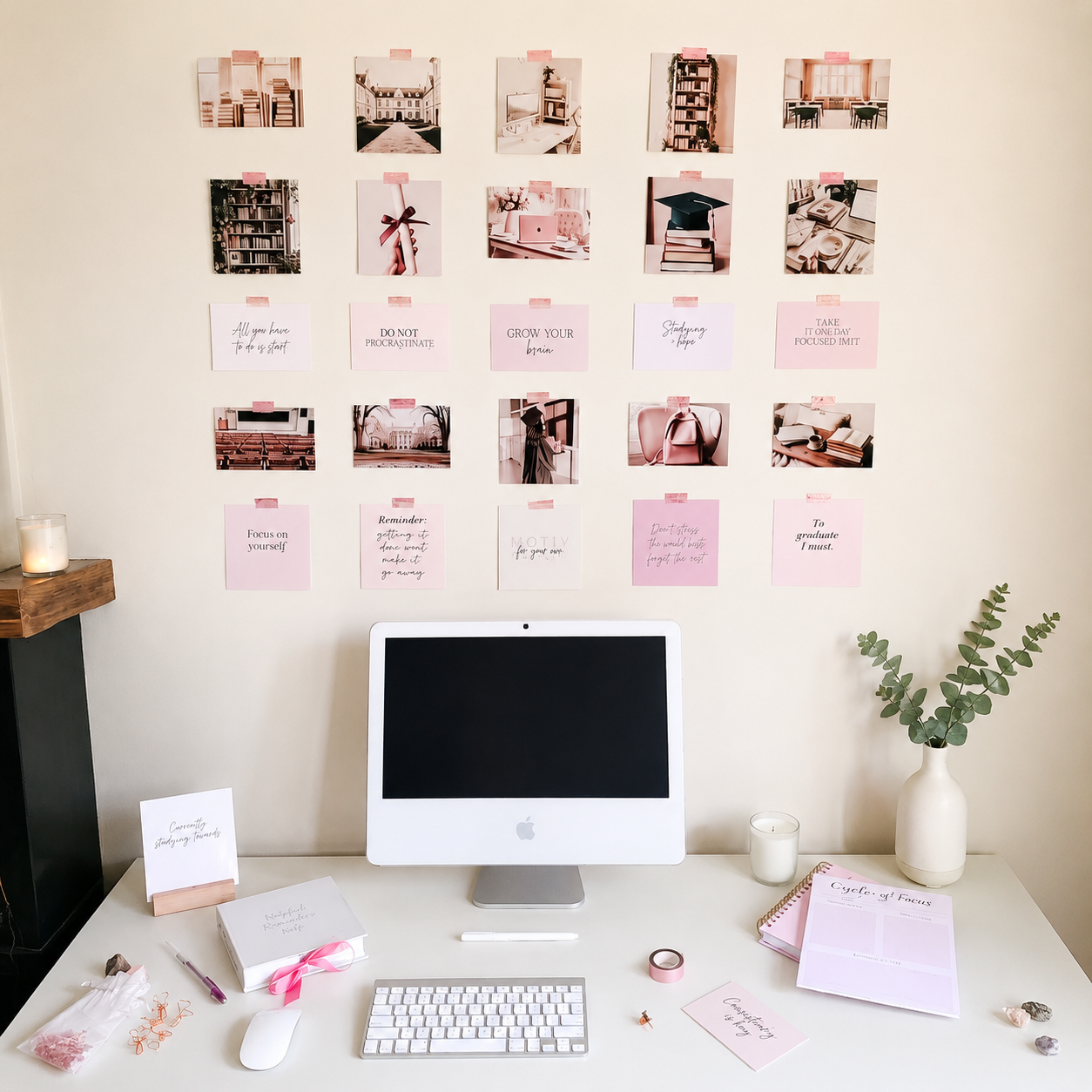 Study vision board cards taped to wall above desk with planner, candle, and heart clips