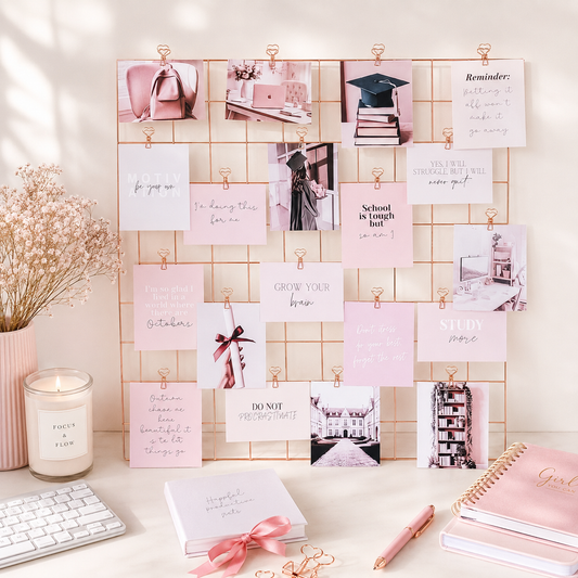 Study vision board with graduation, motivation, and "study more" quote cards on rose gold grid