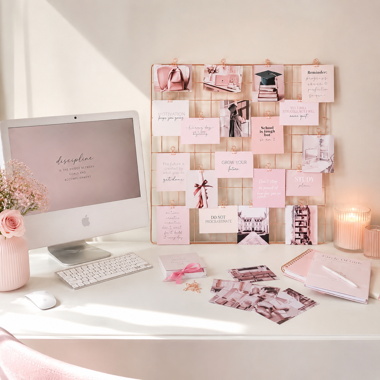 Study vision board with motivation quotes, graduation cap, and "discipline" desktop wallpaper