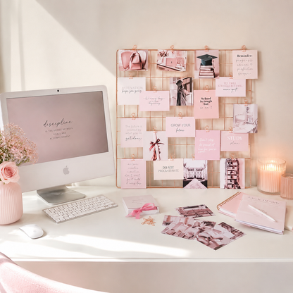 Study vision board with motivation quotes, graduation cap, and "discipline" desktop wallpaper