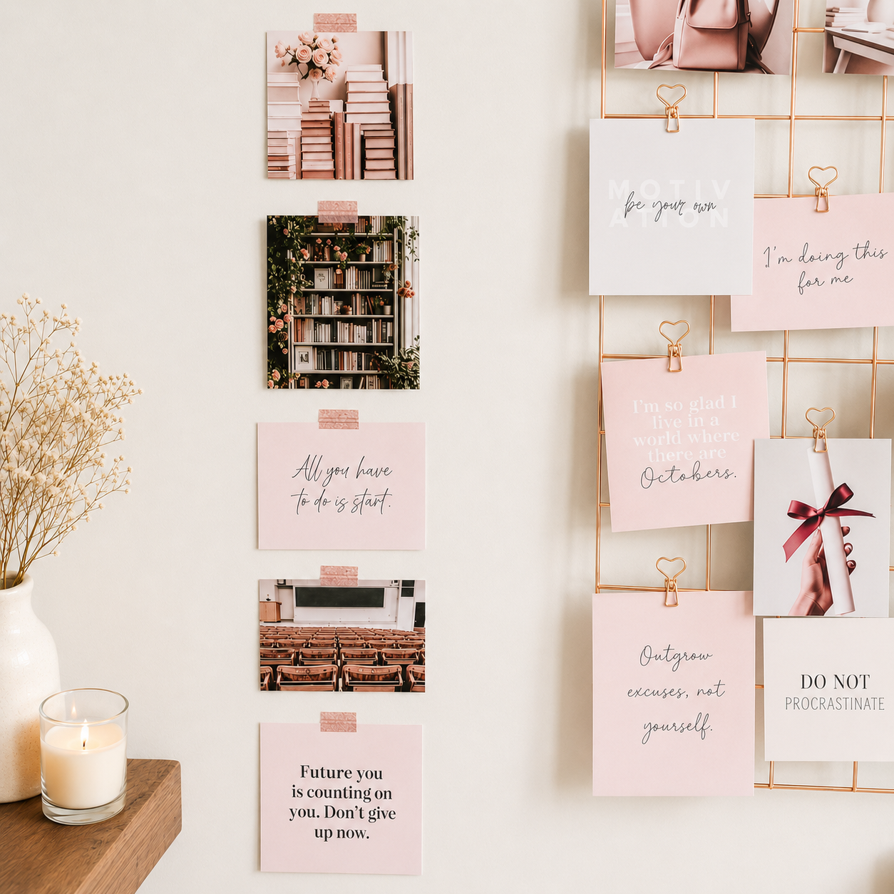 Study vision board cards taped to wall and clipped to grid with "future you" and motivation quotes