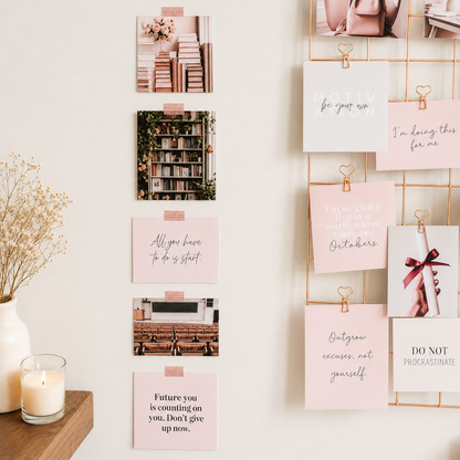 Study vision board cards taped to wall and clipped to grid with "future you" and motivation quotes