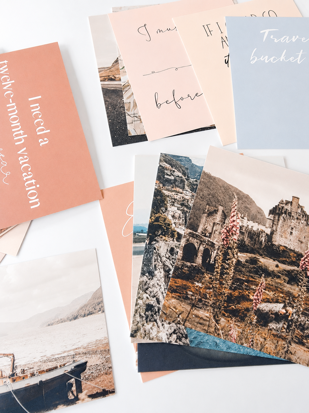 Close-up of travel quote cards for wanderlust and future trip inspiration