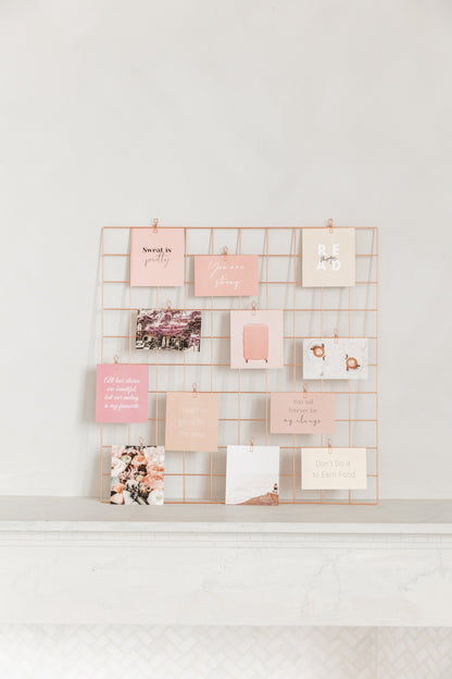 Vision board card bundle displayed with quote and image cards on a rose gold grid